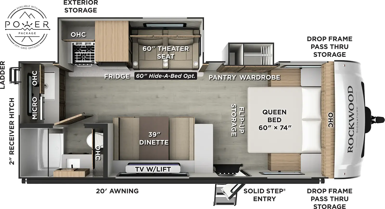 The Rockwood Mini Lite 2522FB floorplan has one entry and two slide outs. Exterior features include: fiberglass exterior and 20' awning. Interiors features include: front bedroom.